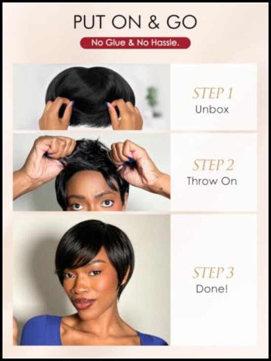 100% Virgin Human Hair Pixie Cut Wig with Bangs Glueless Lace Closure for Black main image 5